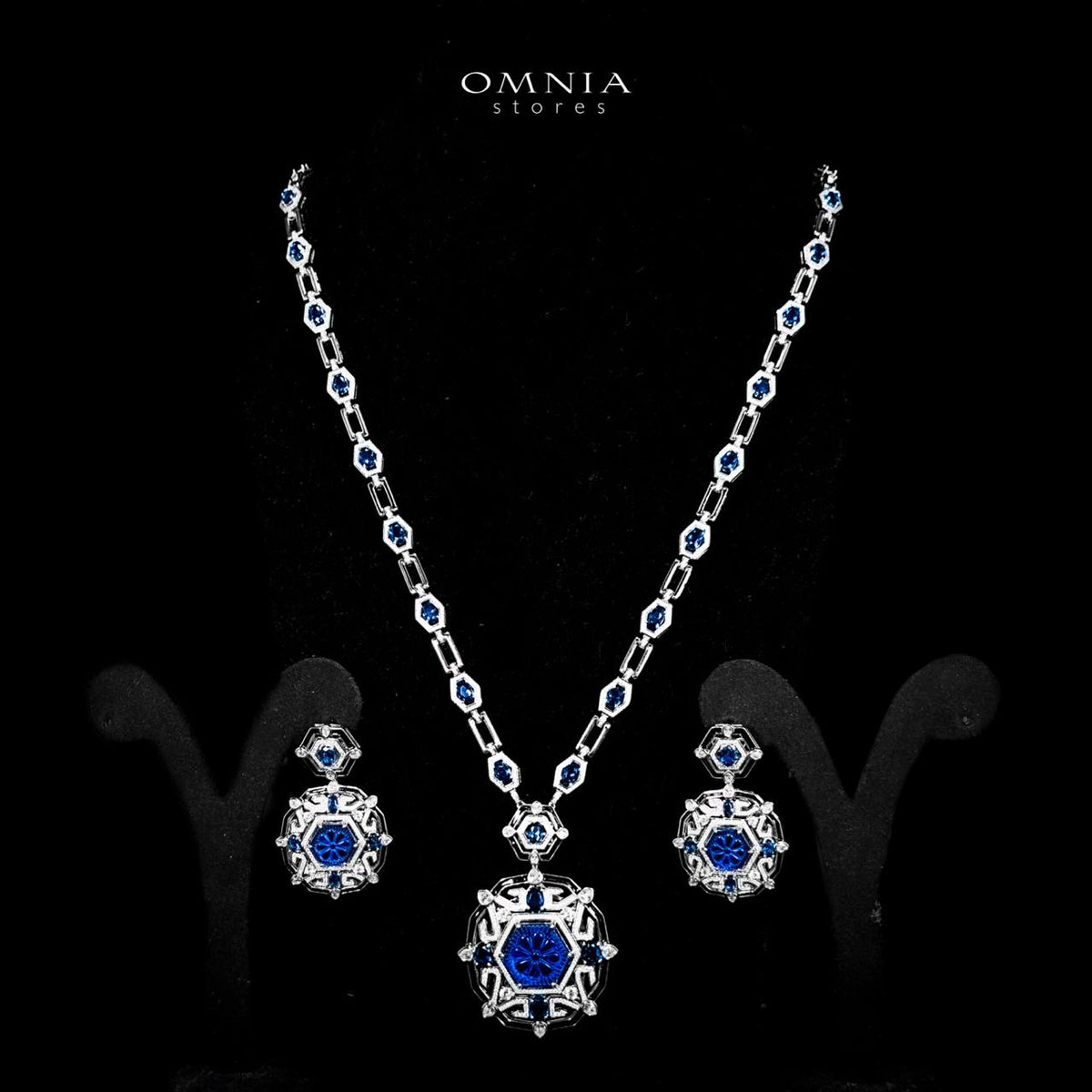 Omnia Siwar Silver Long Chain Necklace and Earrings Set 925 Silver in High Quality Blue Simulated Diamond Stones - OMNIASTORES UAE