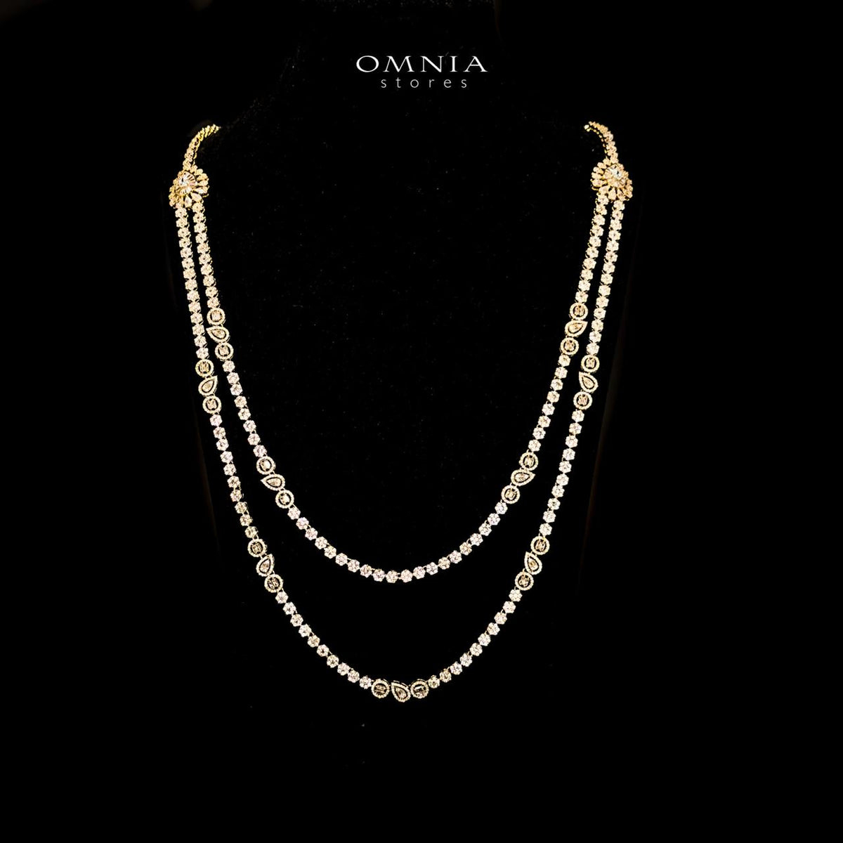 Omnia Ahad Bridal Golden Long Chain Set In Rhodium Plated With High Quality Zircon Stones