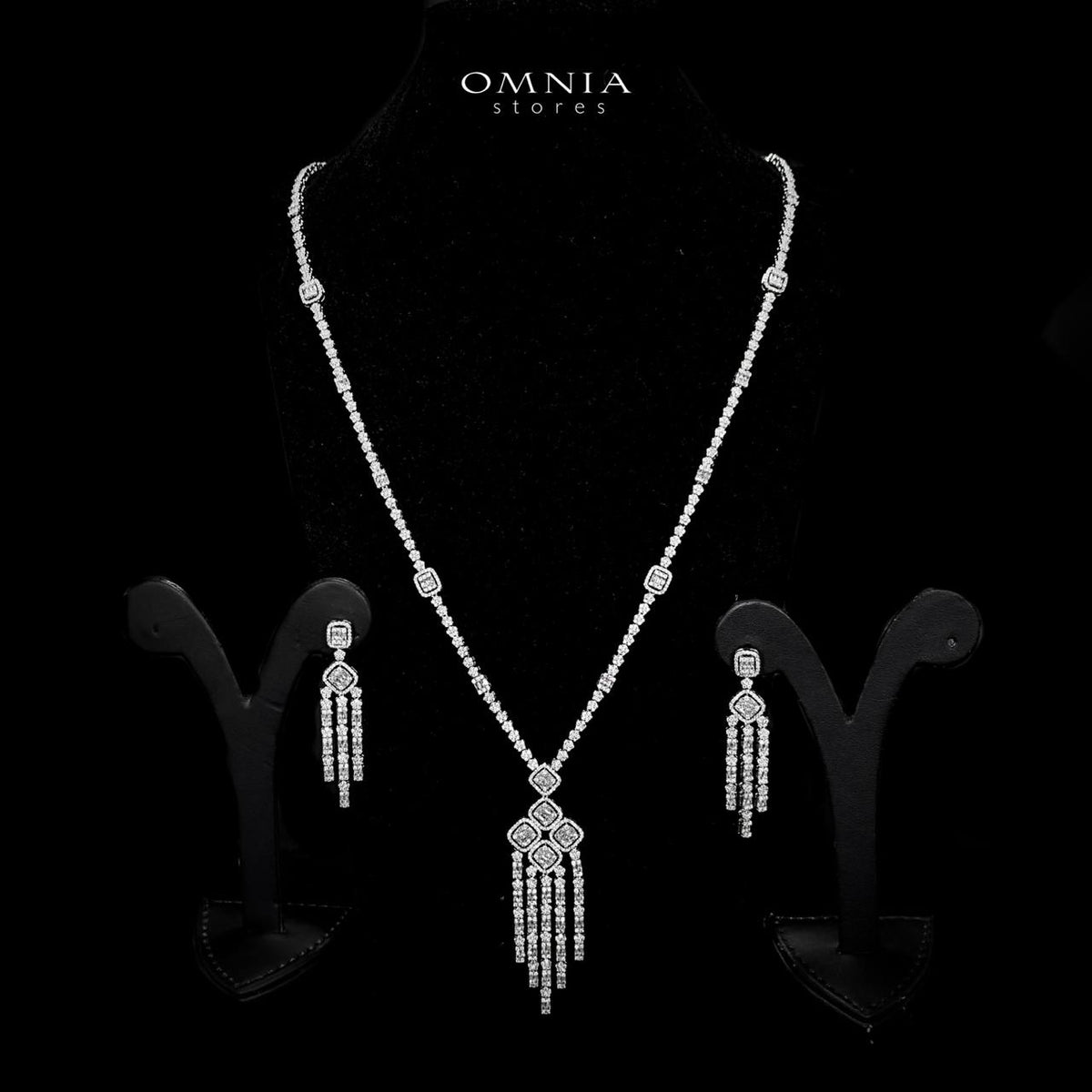 Omnia Ruweya White Bridal Long chain Set In Rhodium Plated with High Quality Zircon Stone - OMNIASTORES UAE