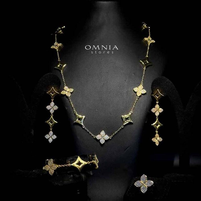 Omnia Golden Clove Long Chain Full Set with High-Quality Simulated Diamonds Gold Plated 100cm - OMNIASTORES UAE