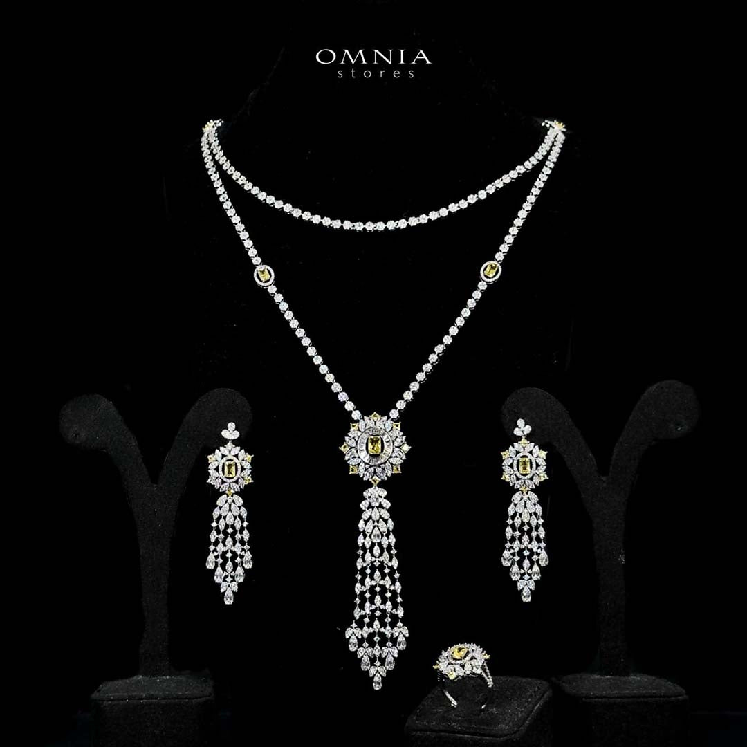 Omnia Ola Yellow Bridal Long chain Set Accessories in High Quality Zircon Stone Rhodium Plated - OMNIASTORES UAE