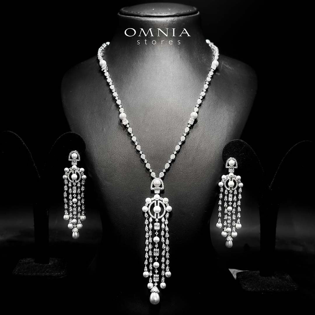 Omnia afaf White Pearl Bridal Long chain Set Accessories High Quality Zircon Stone In Rhodium Plated