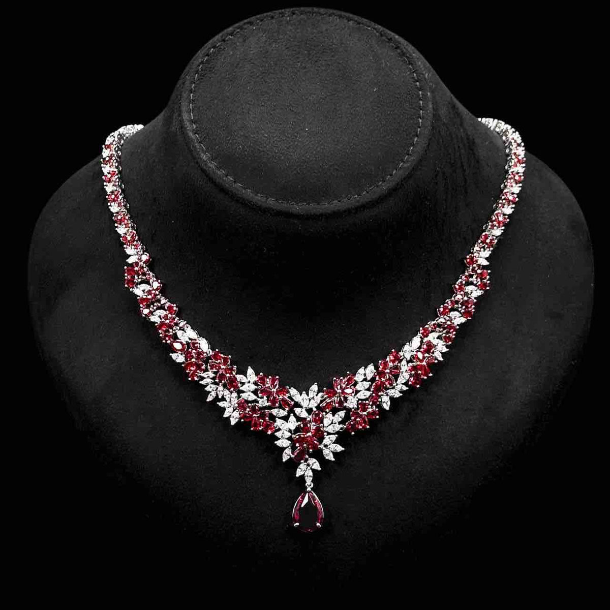 Omnia Nourah Maroon Bridal Full Set in High Quality Zircon Stone in Rhodium Plated - OMNIASTORES UAE