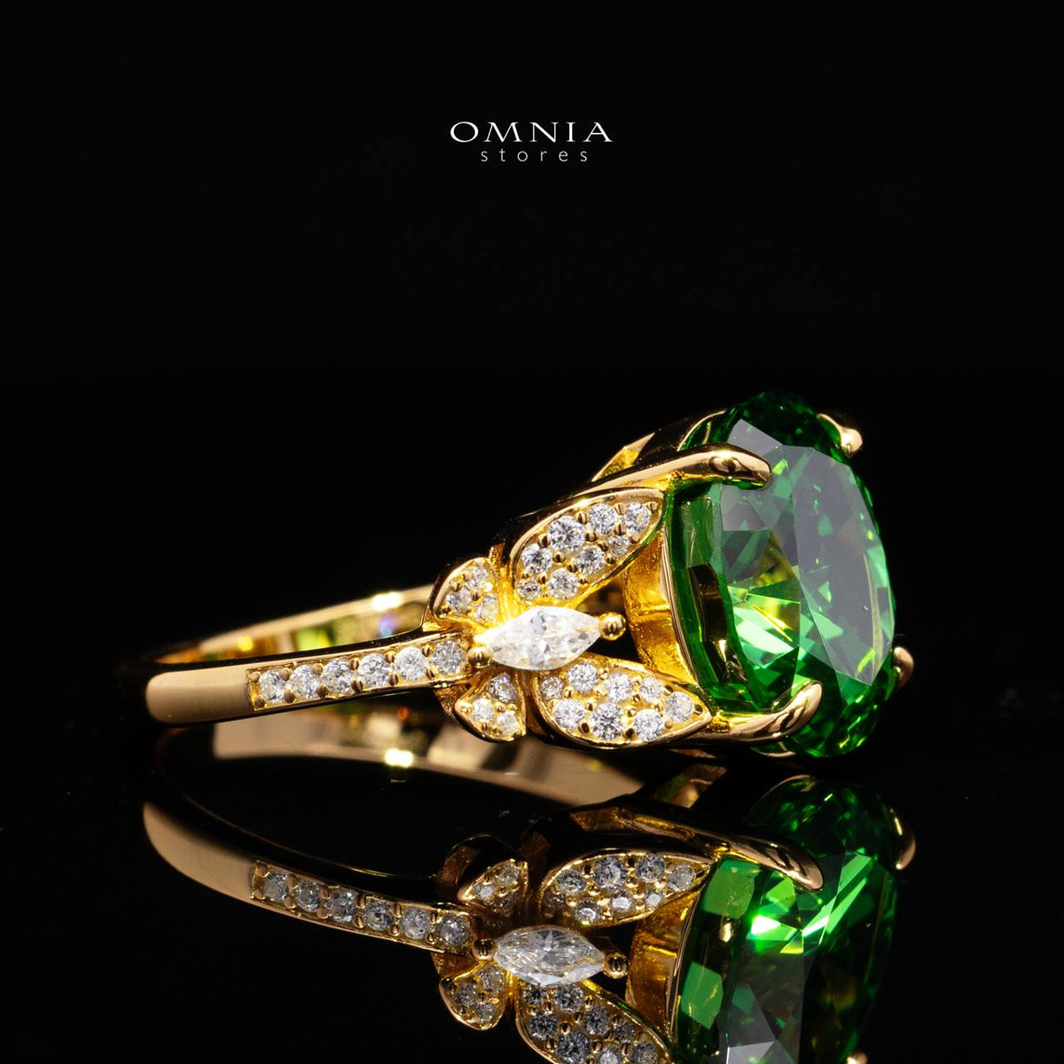 Maysun Green Gold-Plated Ring in 925 Silver with Premium Simulated Diamonds