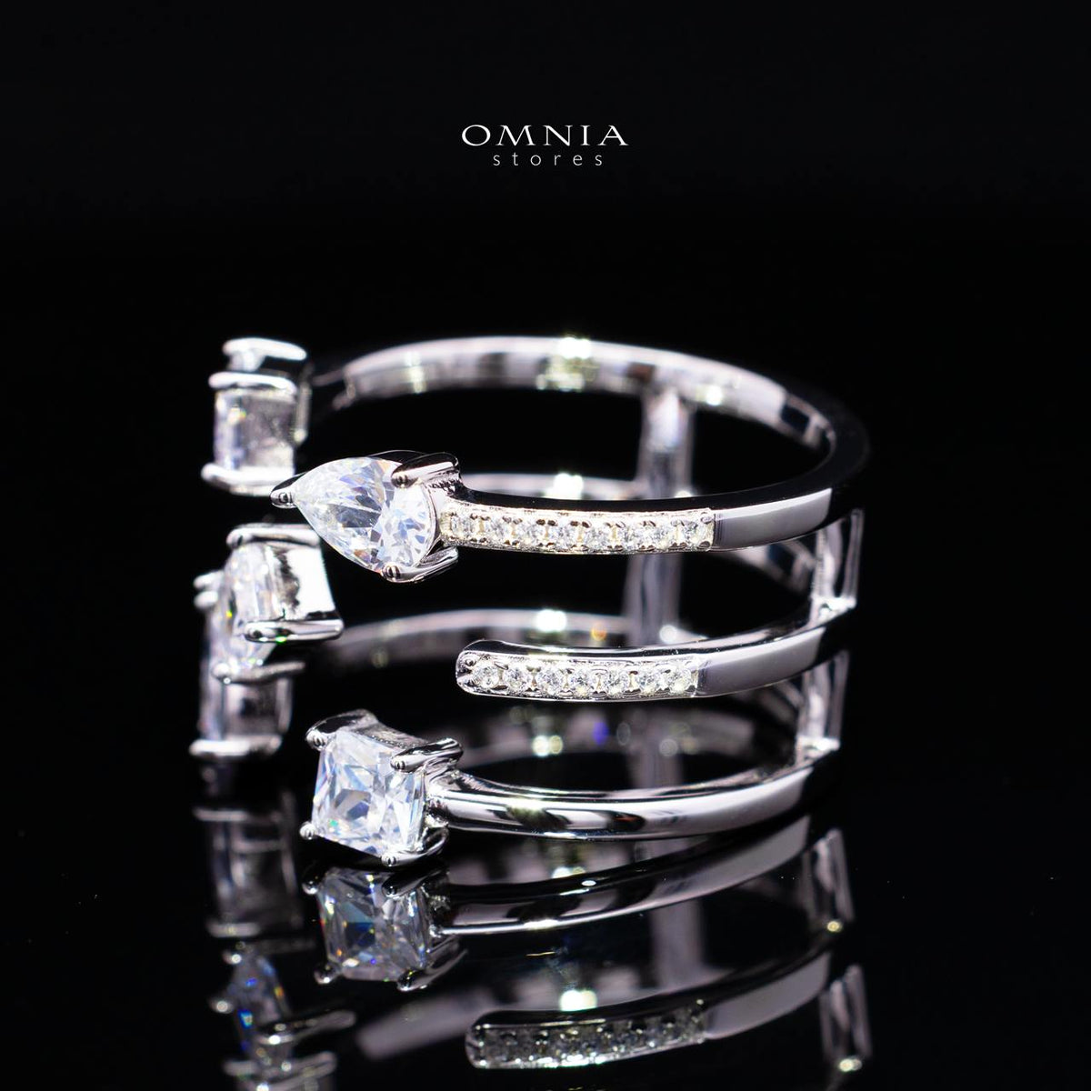 Kareenah White Open Cuff Ring in 925 Silver with Premium Simulated Diamonds