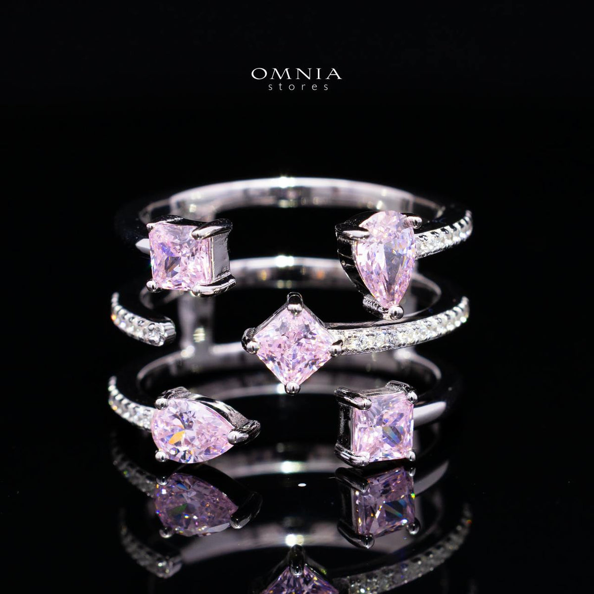 Kareenah Pink Open Cuff Ring in 925 Silver with Premium Simulated Diamonds