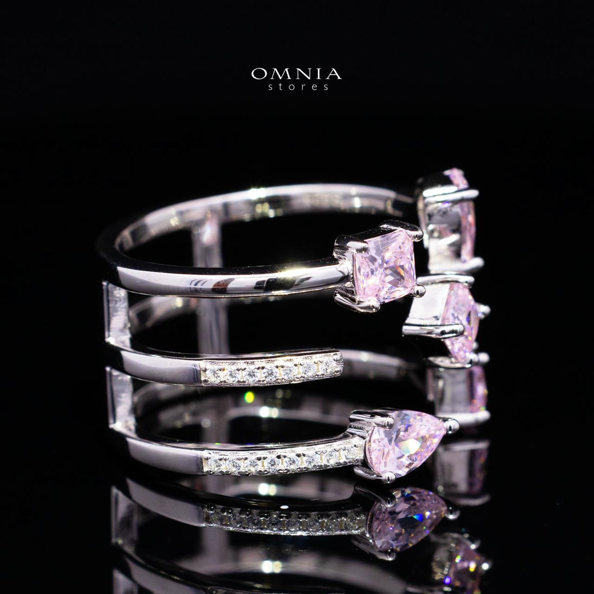 Kareenah Pink Open Cuff Ring in 925 Silver with Premium Simulated Diamonds