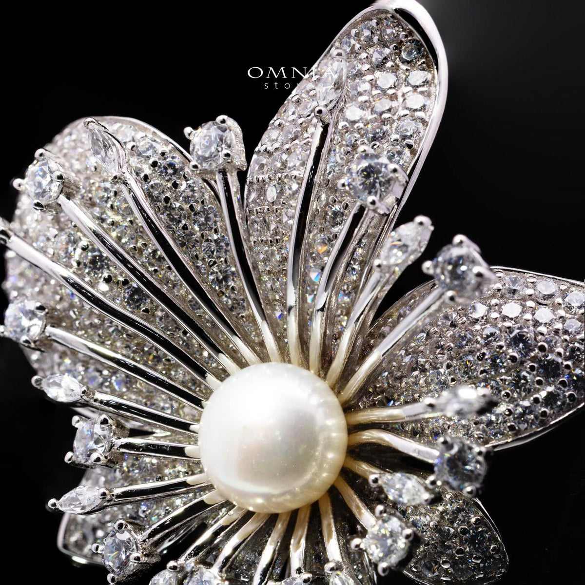 Eryndra White Pearl Flower Brooch with Premium Simulated Diamonds in 925 Silver