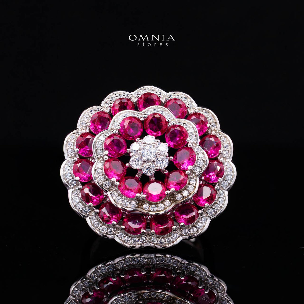 Omnia Nayeli Floral Halo Ring with Ruby Red Simulated Diamonds in 925 Silver