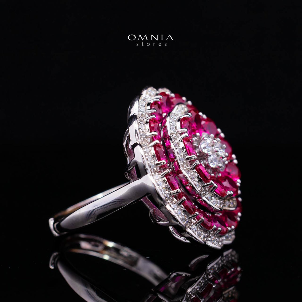 Omnia Nayeli Floral Halo Ring with Ruby Red Simulated Diamonds in 925 Silver