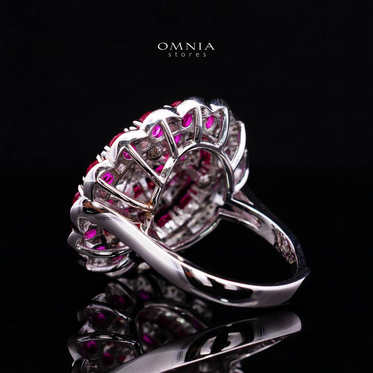 Omnia Nayeli Floral Halo Ring with Ruby Red Simulated Diamonds in 925 Silver