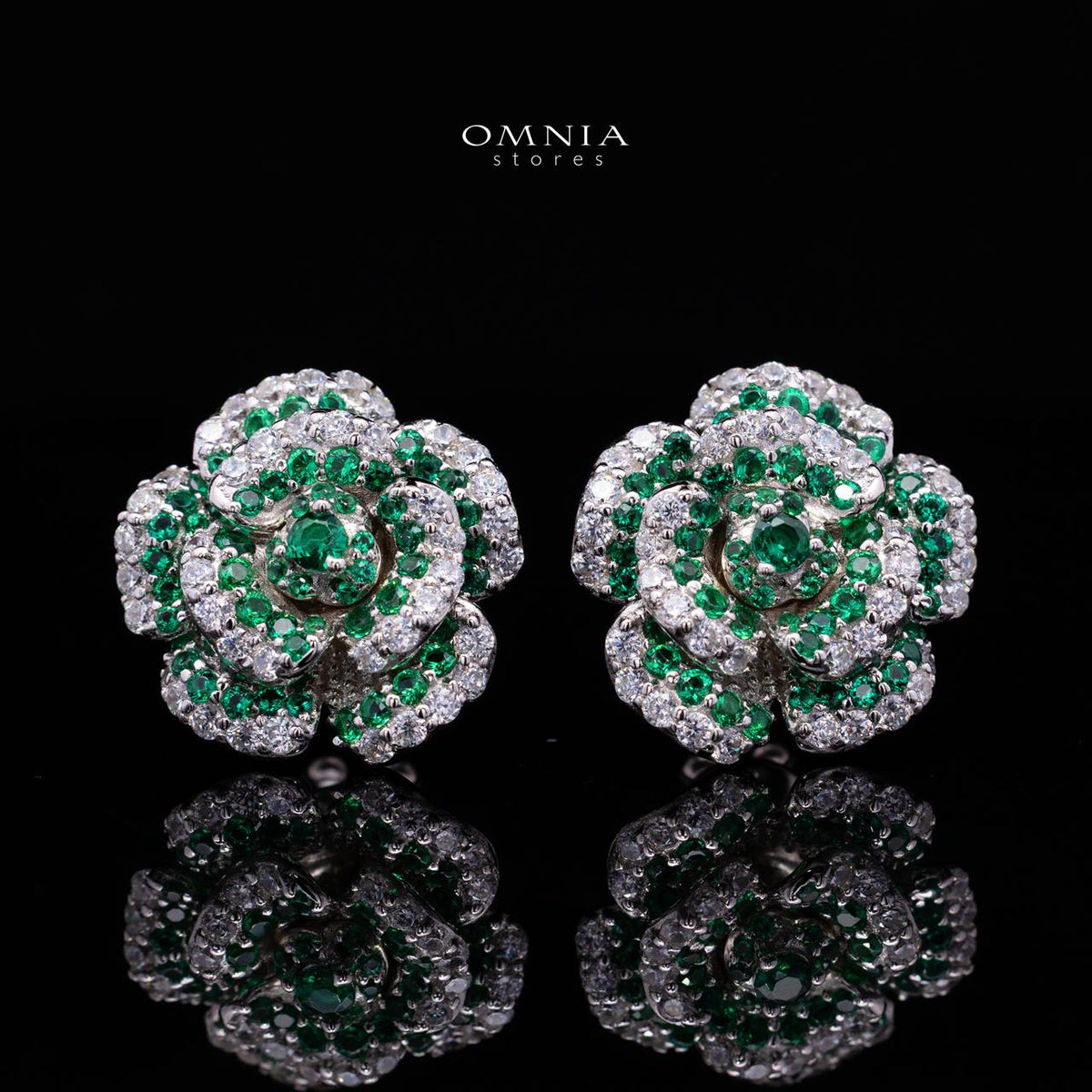 Safiyah Green Rose Stud Earrings 925 Sterling Silver | Premium Brilliant-Cut Simulated Diamonds