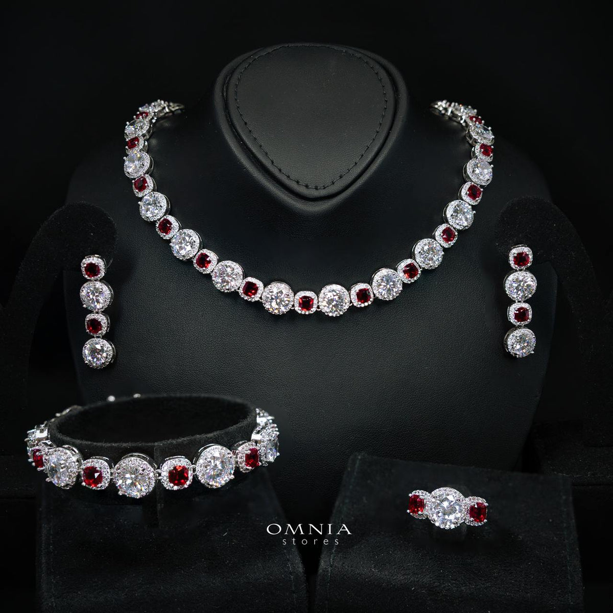 Lilian Red Bridal Full Set in High Quality Simulated Diamonds Rhodium Plated