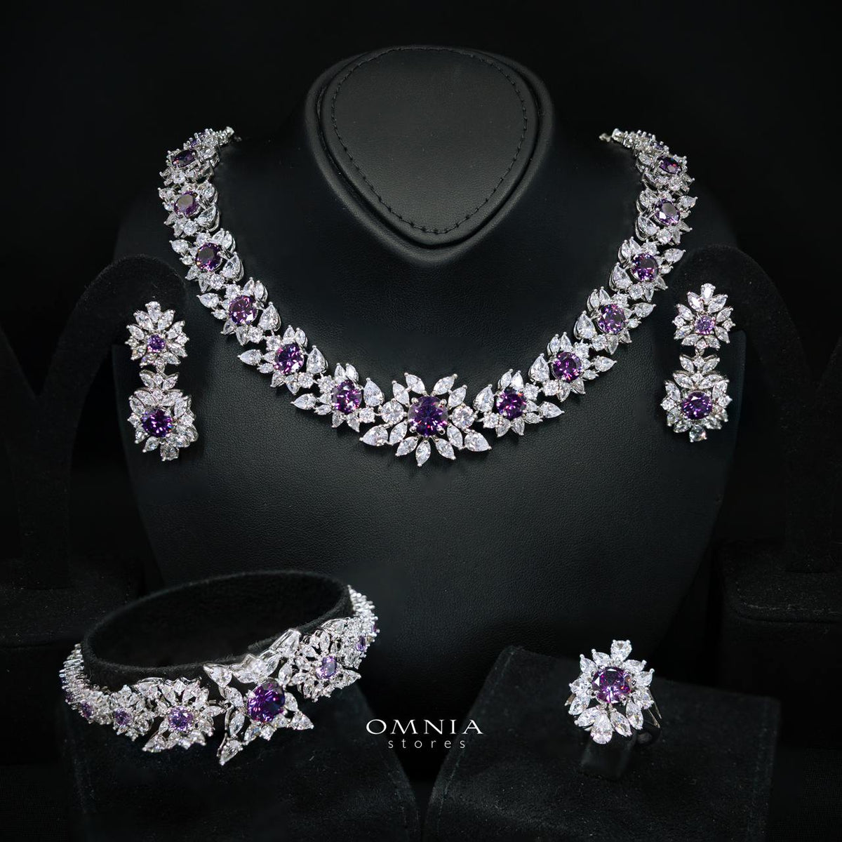 Nareen Purple Luxury Bridal Full Set in High Quality Zircon Stone Rhodium Plated