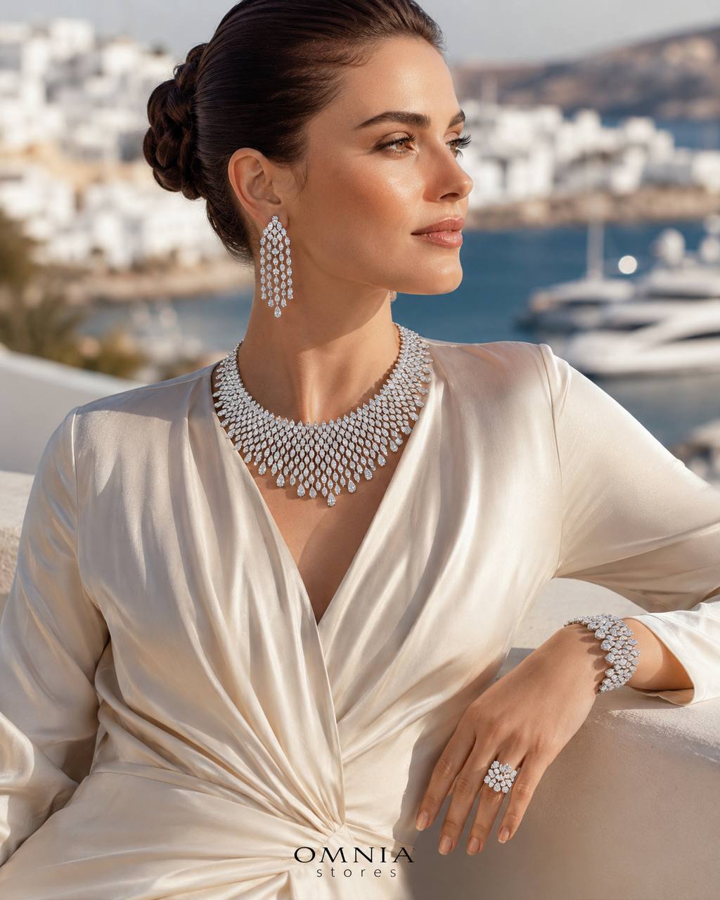 Omnia Raawiya White Luxury Bridal Set In Rhodium Plated with High Quality Zircon Stones