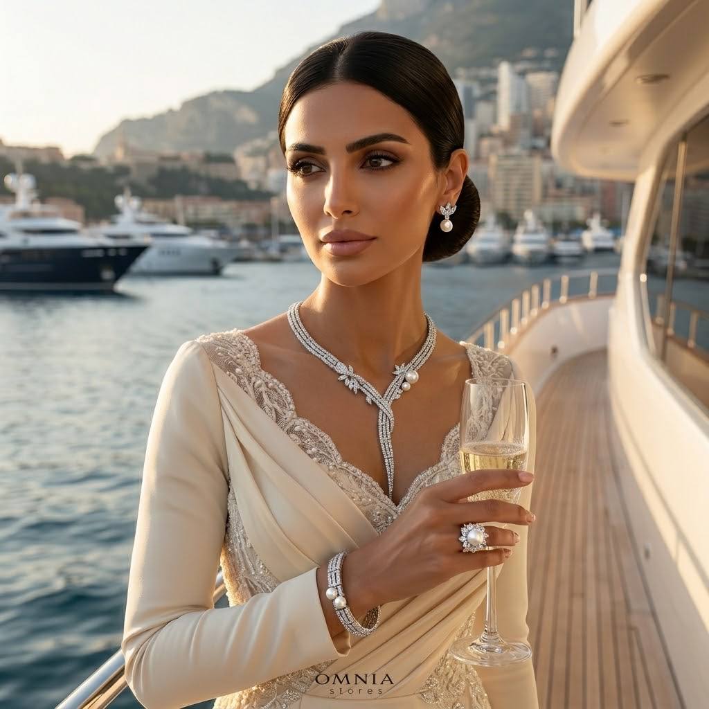 طقم كامل أومنيا لارمان للعرائس الفاخر من اللؤلؤ مع الماس الصناعي عالي الجودة