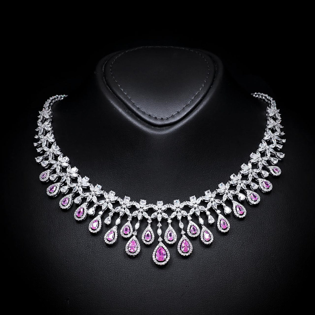 Omnia Ayla Pink Bridal Full Set with High-Quality Zircon Stones, Premium Rhodium-Plated