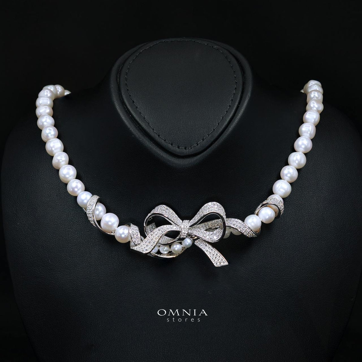 Melina Fresh Water Pearl Ribbon Necklace and Earring Set with High-Quality Simulated Diamonds in 925 Silver