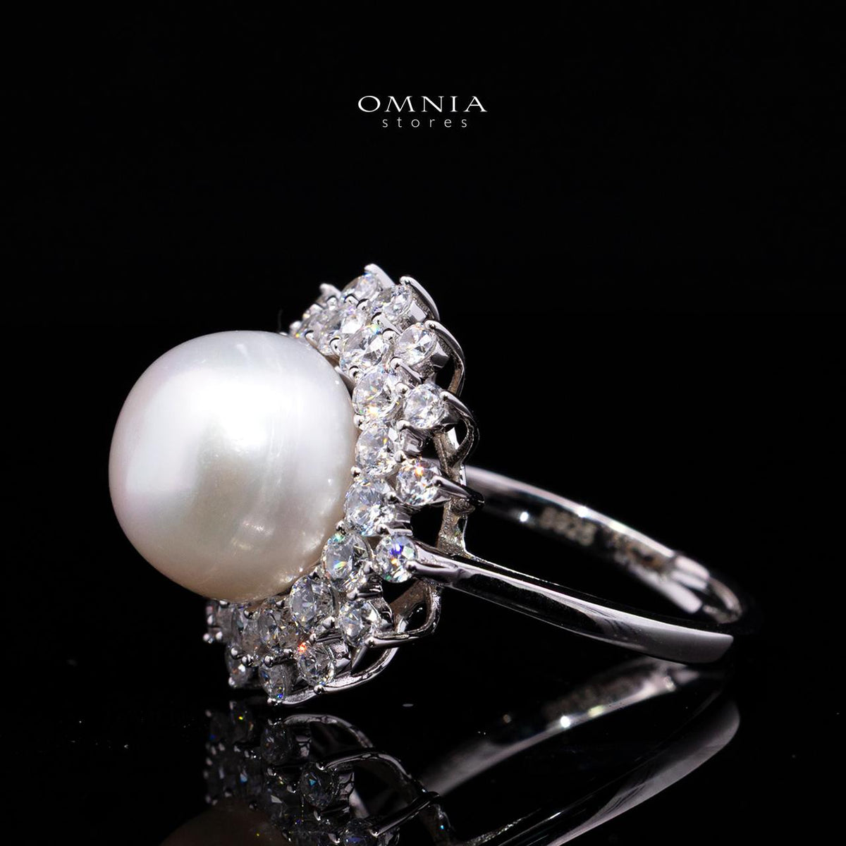 Tasneema Pearl Ring with High-Quality Premium Simulated Diamonds in 925 Sterling Silver