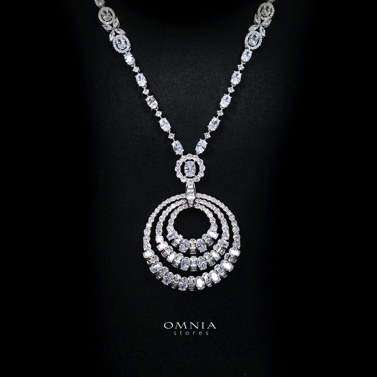 Selestine White Long Chain Necklace and Earring Set with High-Quality Simulated Diamonds and Rhodium Plating