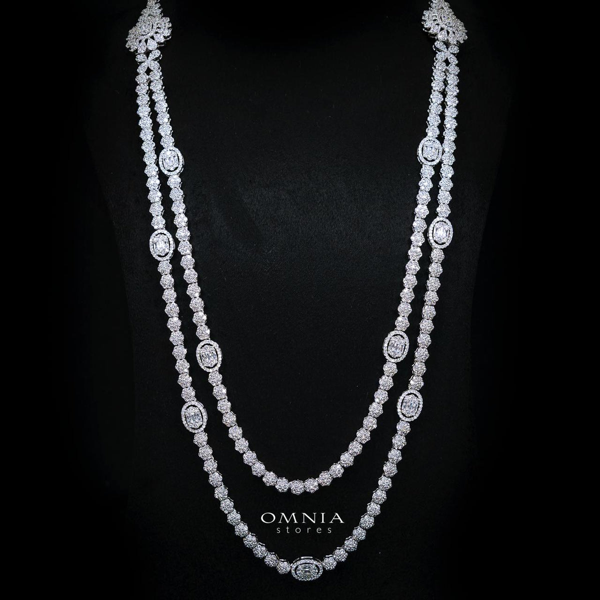 Lumaiza White Long Chain Necklace, Earrings, and Ring Set with High-Quality Simulated Diamonds and Rhodium Plating