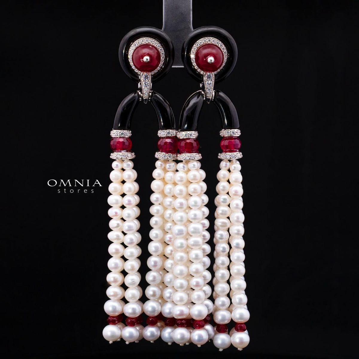Irfana Red Pearl Drop Earrings with High-Quality Premium Simulated Diamonds in 925 Sterling Silver