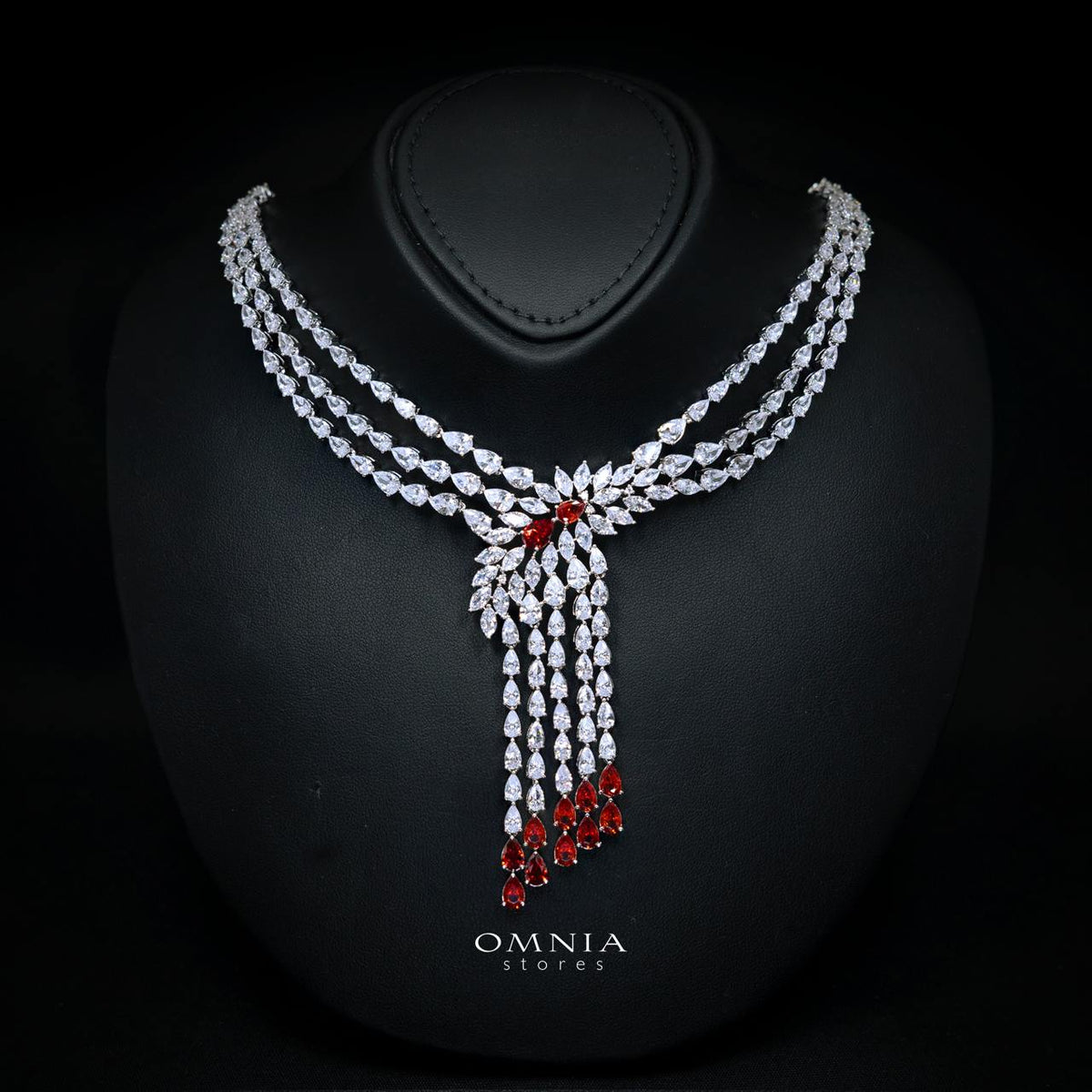 Omnia Rahaf Red Bridal Full Set in High Quality Zircon Stone Rhodium Plated