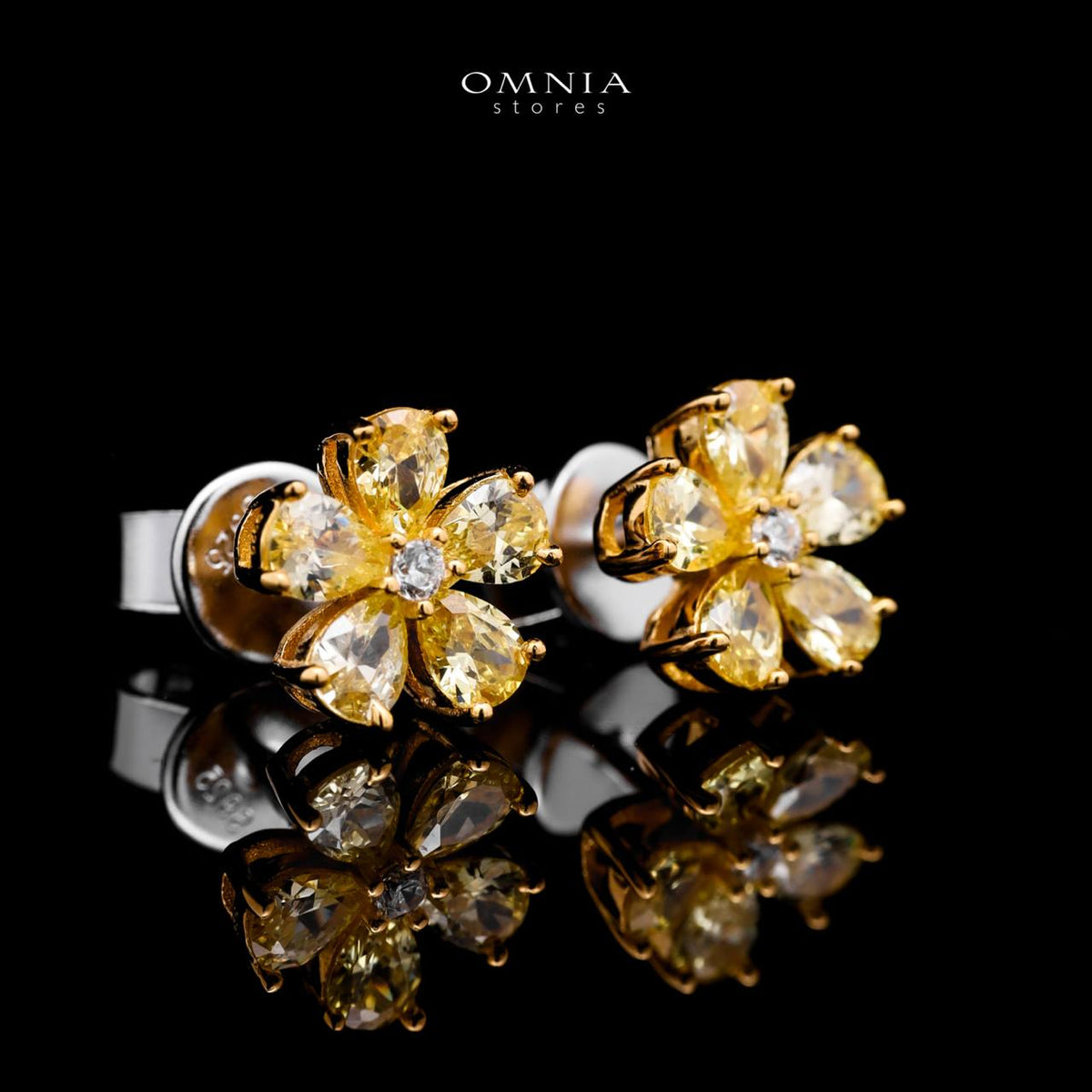 Omnia Yellow Radiance Flower Stud Earrings In 925 Silver with High Quality Simulated Diamonds