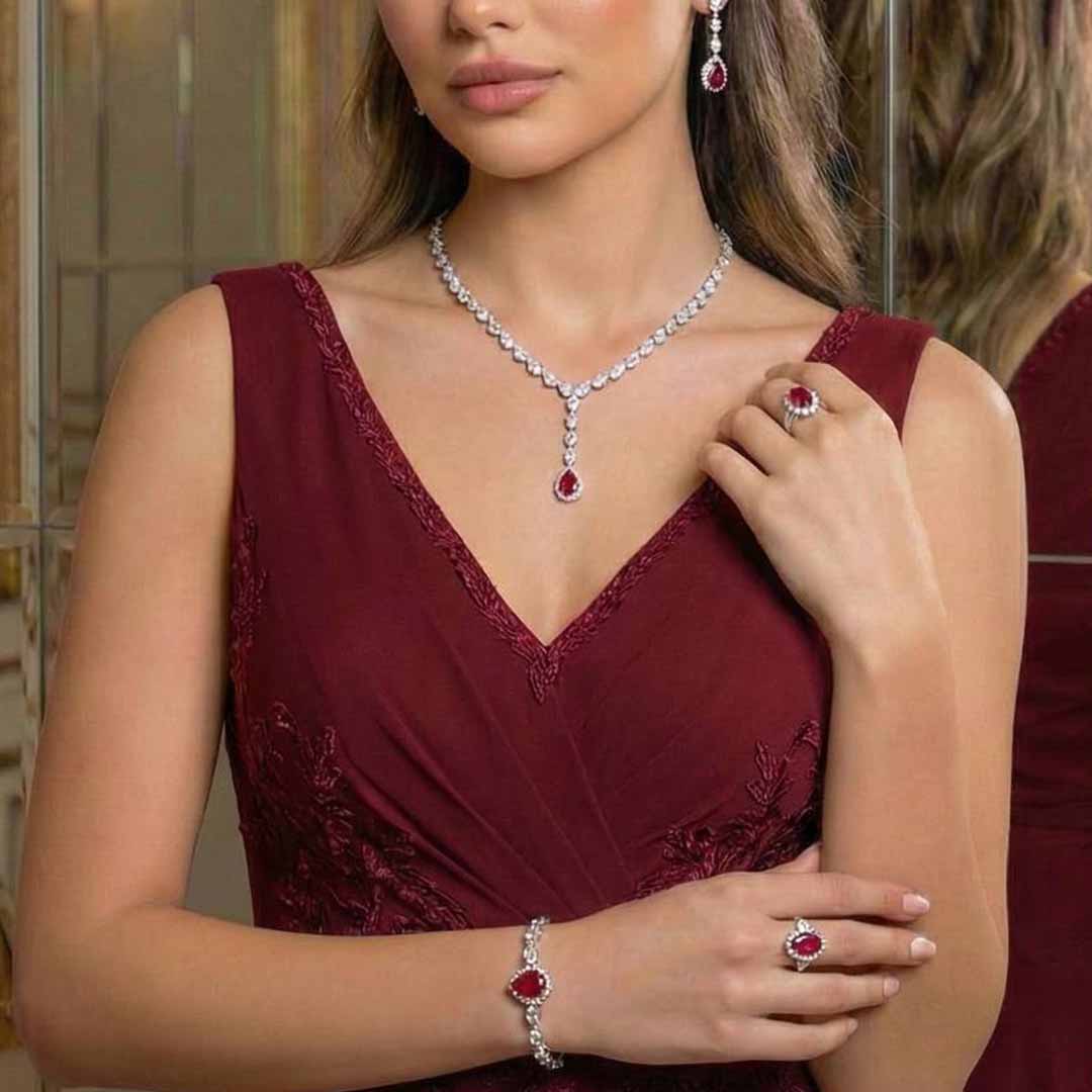 Omnia Radya Red Bridal Full Set in High Quality Zircon Stone Premium Rhodium Plated - OMNIASTORES UAE