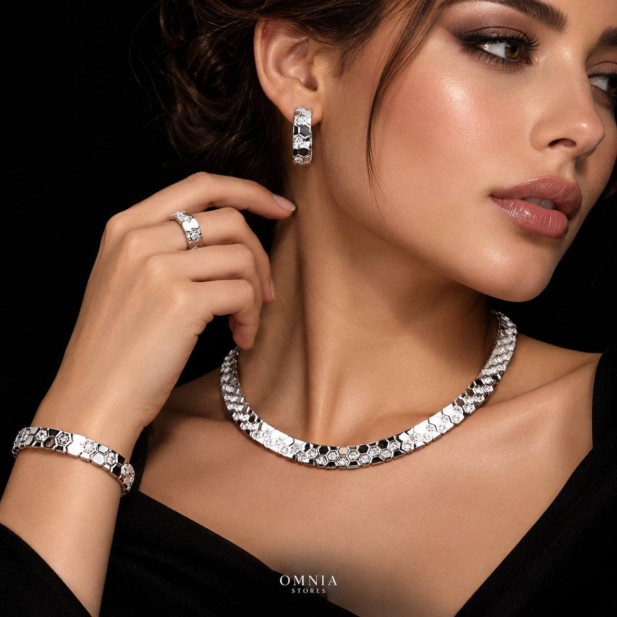 Rana White Luxury Bridal Full Set High-Quality Zircon Stones with Rhodium-Plated Finish