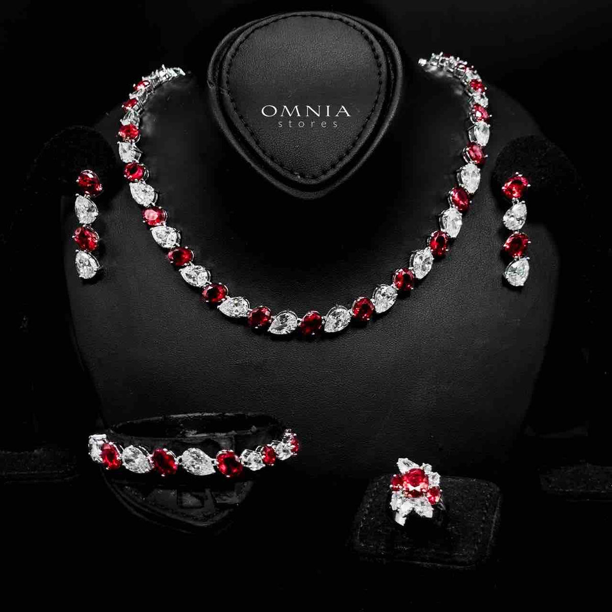 Omnia Lamia White And Red Bridal Full Set with High-Quality Simulated Diamonds Rhodium Plated - OMNIASTORES UAE