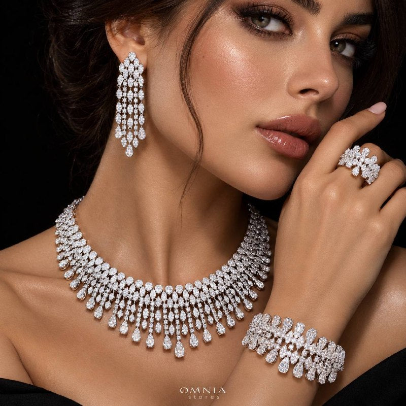 Omnia Sabriyya Royal White Fringe Drop Bridal Full Set with High Quality Zircon Stone Premium Rhodium Plated