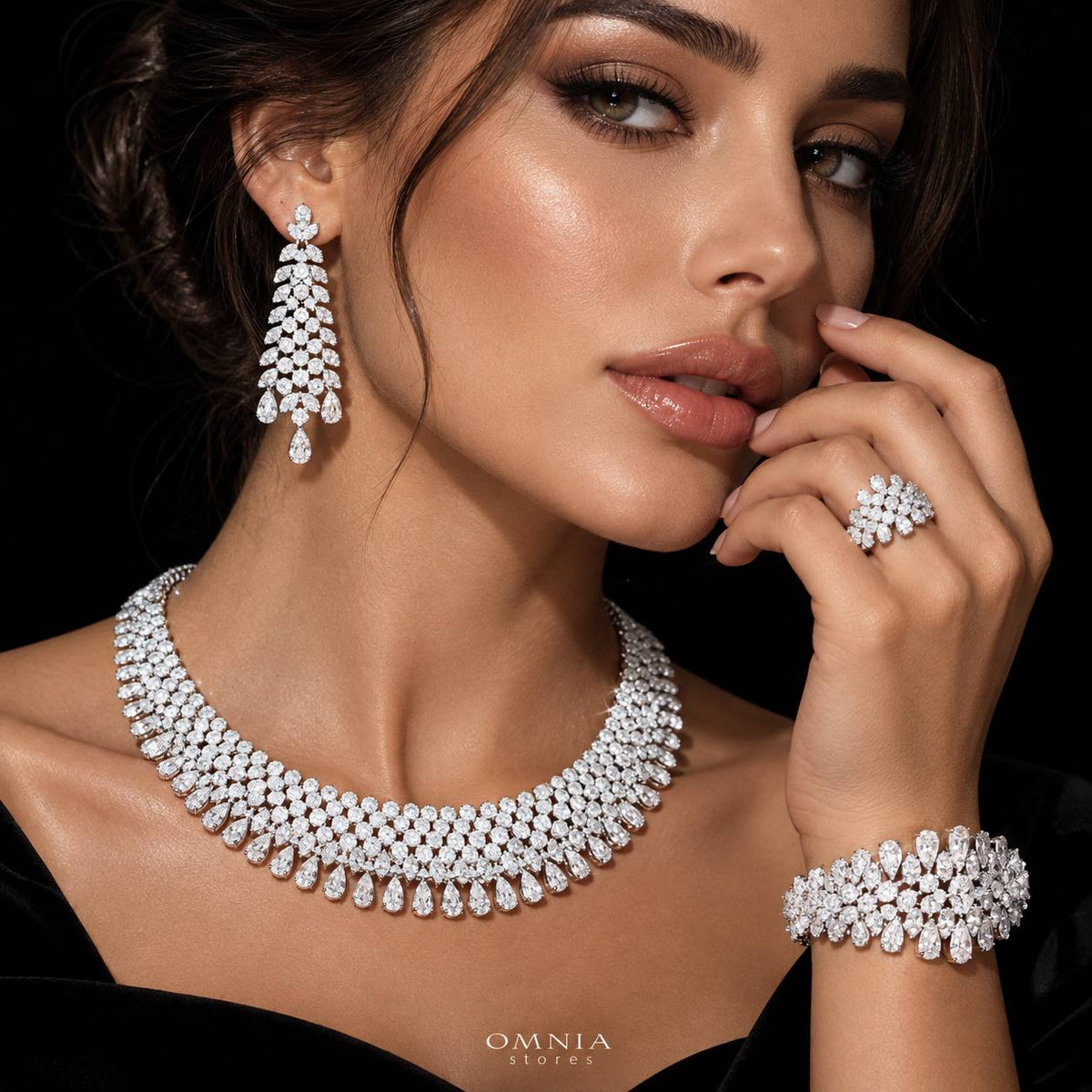Omnia Taybah White Luxury Bridal Set In High Quality Zircon Stone Premium Rhodium Plated