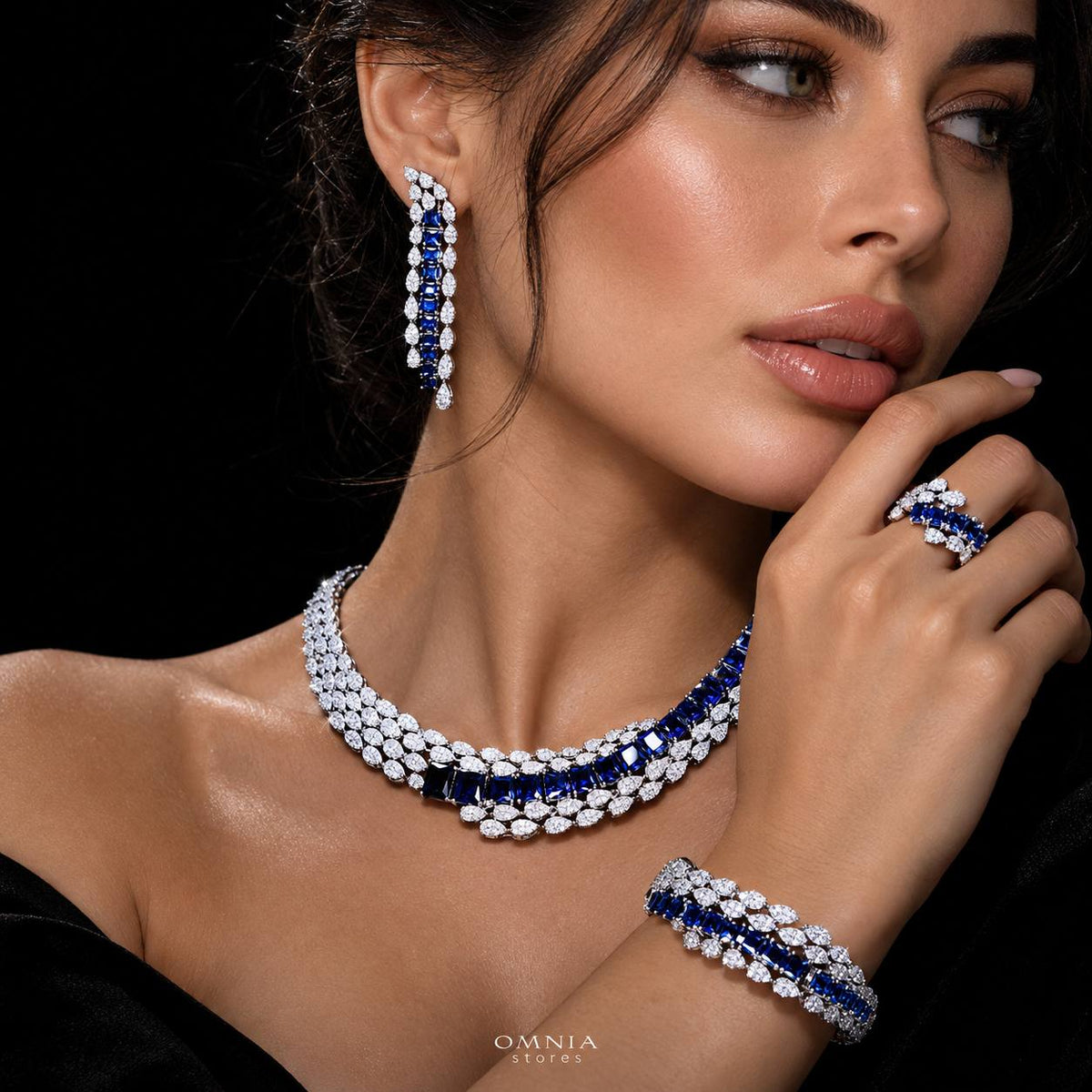 Omnia Trinity Blue Luxury Bridal Full Set In High Quality Simulated Diamonds Premium Rhodium Plated