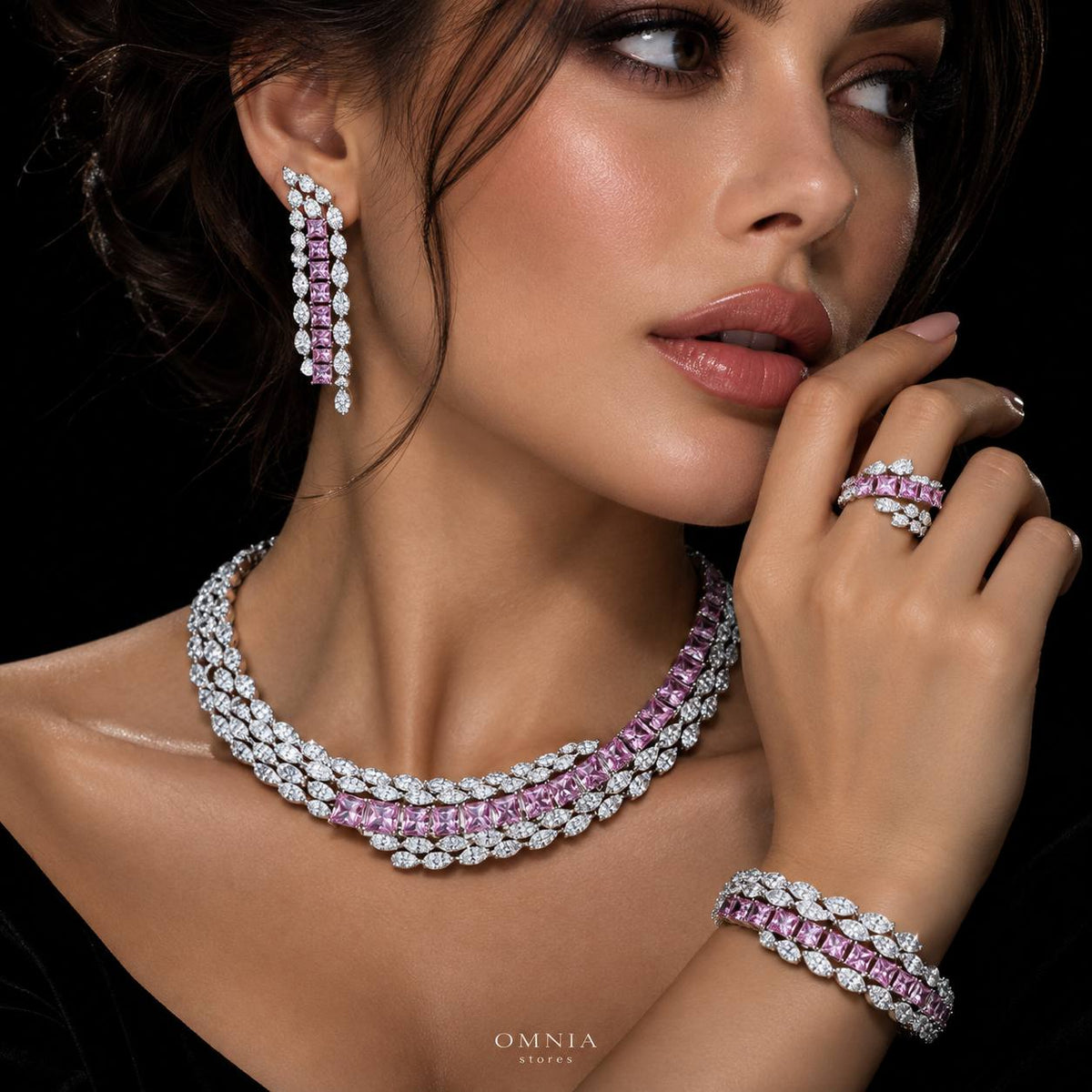 Omnia Trinity Pink Luxury Bridal Full Set in High Quality Simulated Diamonds Premium Rhodium Plated
