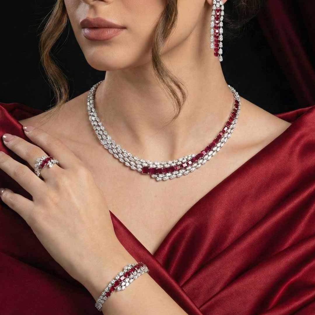 Omnia Trinity Red Luxury Bridal Full Set in High Quality Zircon Stone Premium Rhodium Plated - OMNIASTORES UAE