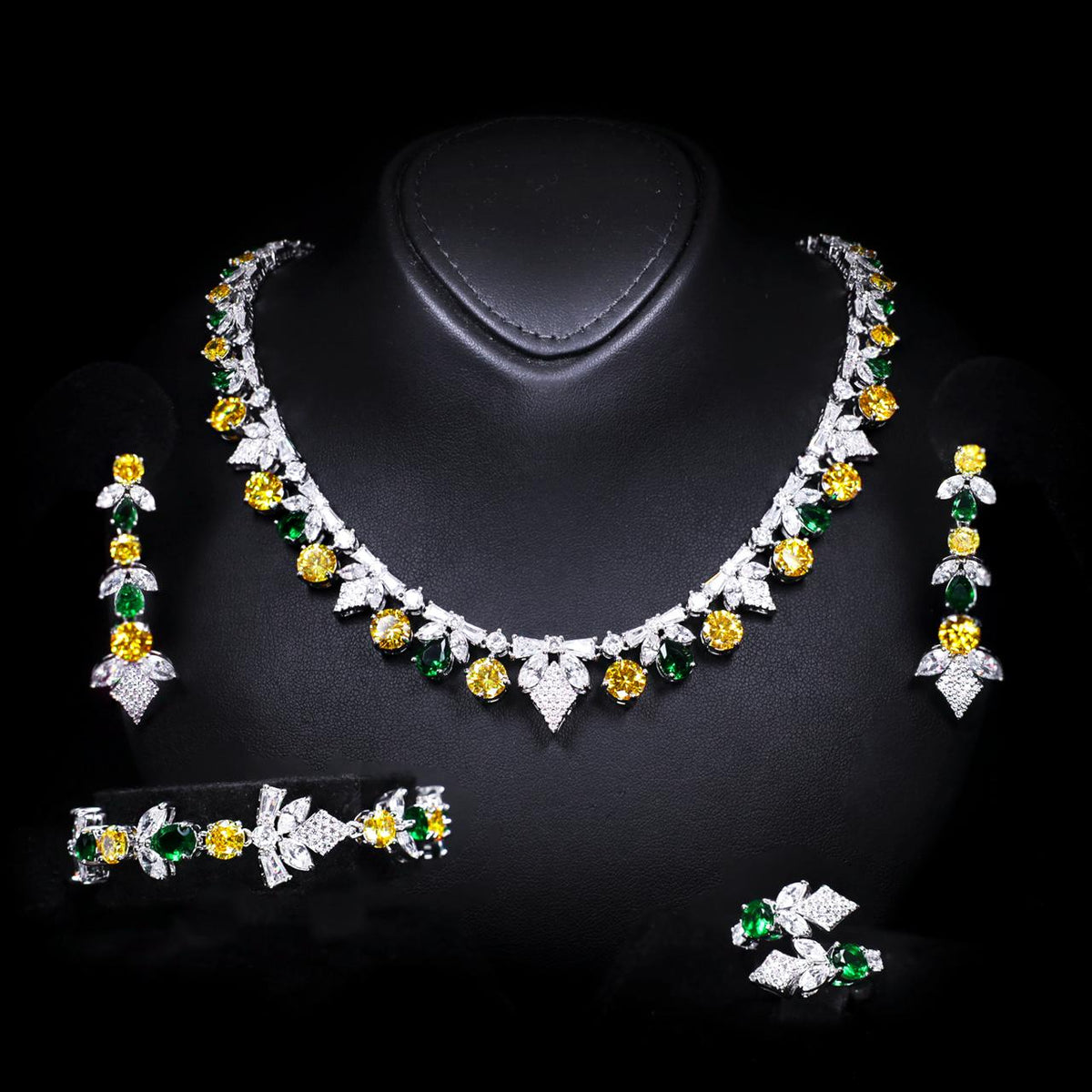 Vionna Yellow & Green Luxury Bridal Full Set with High-Quality Zircon Stones Rhodium-Plated Finish