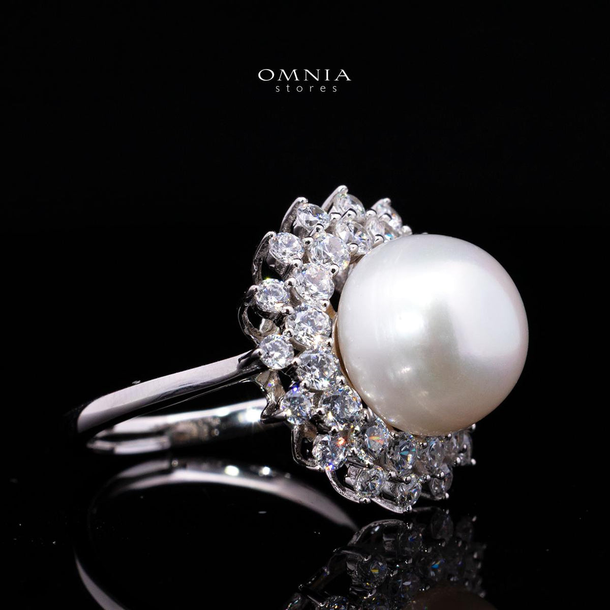 Tasneema Pearl Ring with High-Quality Premium Simulated Diamonds in 925 Sterling Silver