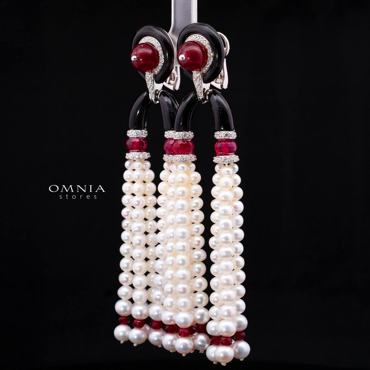 Irfana Red Pearl Drop Earrings with High-Quality Premium Simulated Diamonds in 925 Sterling Silver