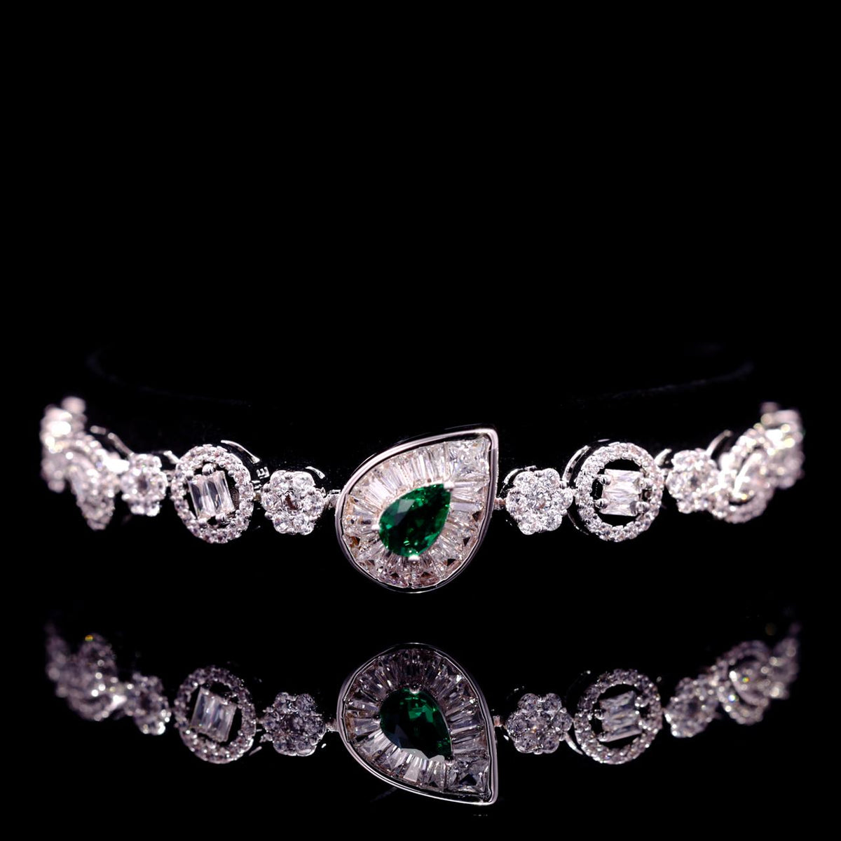 Omnia Ahad Bridal Green Long Chain Set In Rhodium Plated With High Quality Zircon Stones