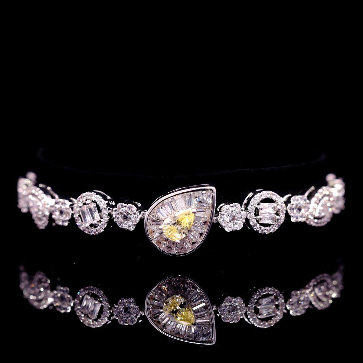 Omnia Ahad Bridal Yellow Long Chain Set In Rhodium Plated With High Quality Zircon Stones