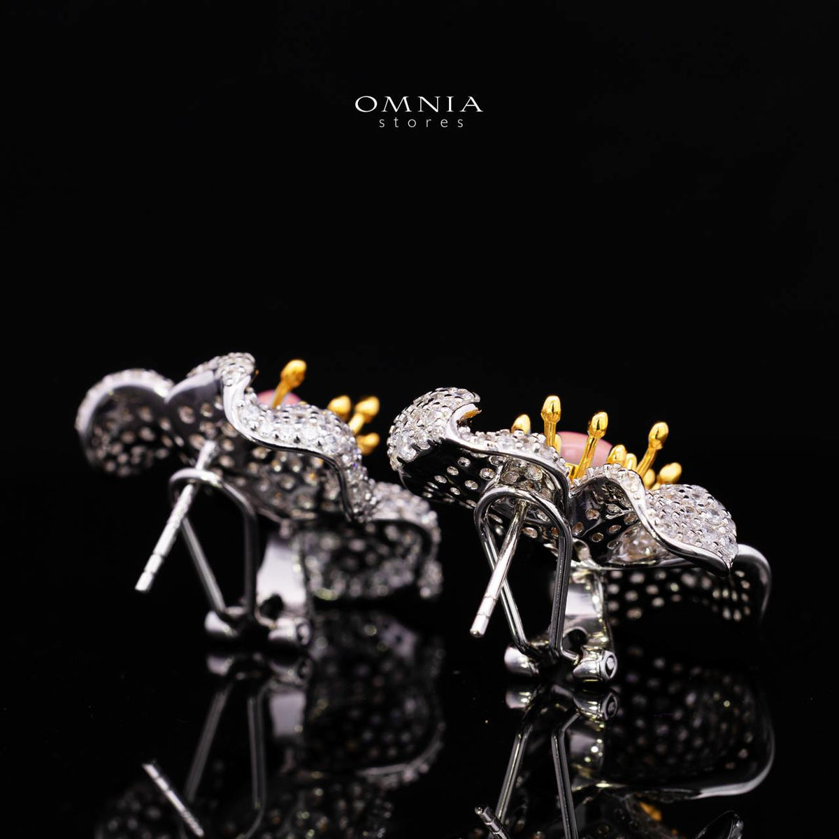 Omnia Shidha Pink Coral Flower Silver Earrings in 925 Silver High Quality White Simulated Diamond Stones