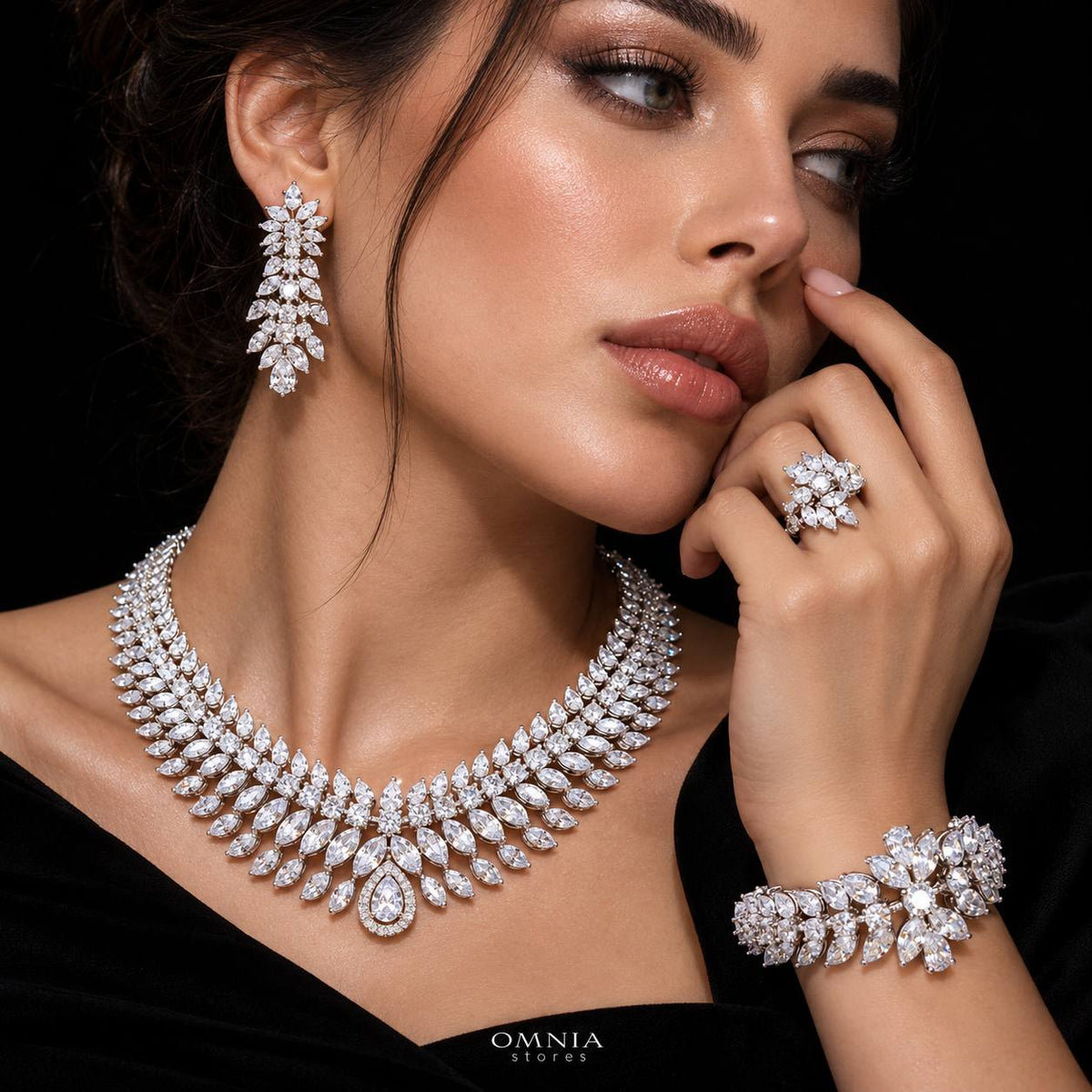 Omnia Zakiyah Luxury Bridal Full Set in High Quality Simulated Diamonds Premium Rhodium Plated with Pear and Marquise Cut Stones
