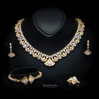 Omnia Elizabeth Golden Bridal Full Set with Pear and Round Cut High-Quality Simulated Diamonds in an Elegant Gold-Tone Rhodium Plated Finish