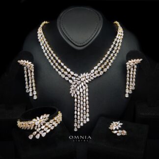 Omnia Rahaf Golden Bridal Full Set Accessories in High Quality Zircon Stone in Rhodium Plated