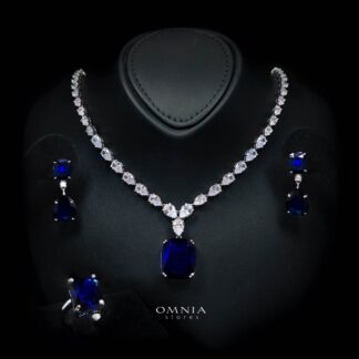 Omnia Audrey Blue Luxury Bridal Full Set in High Quality Simulated Diamonds with Cushion Cut Stones, Rhodium Plated
