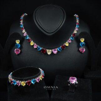 Omnia Donatella Multi Color Luxury Bridal Full Set with Heart-Cut High-Quality Simulated Diamonds Rhodium Plated