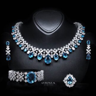 Omnia Suhana Sky Blue Bridal Full Set Designed with Pear-Cut and Round Simulated Diamonds in High-Quality Rhodium Plated Finish