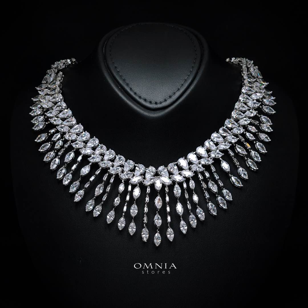 Omnia Soheila White Luxury Bridal Full Set with Emerald and Pear-Cut High-Quality Simulated Diamonds Rhodium Plated - Image 2