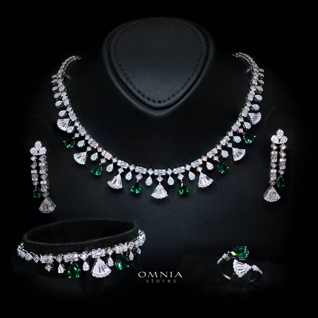 Omnia Marwa Green Luxury Bridal Full Set in High Quality Zircon Stone Rhodium Plated
